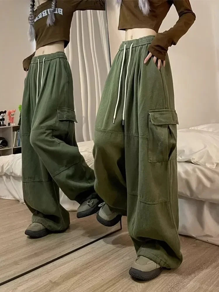 2024 Korean Y2K Fashion Drawstring Casual Baggy Cargo Jeans Pants