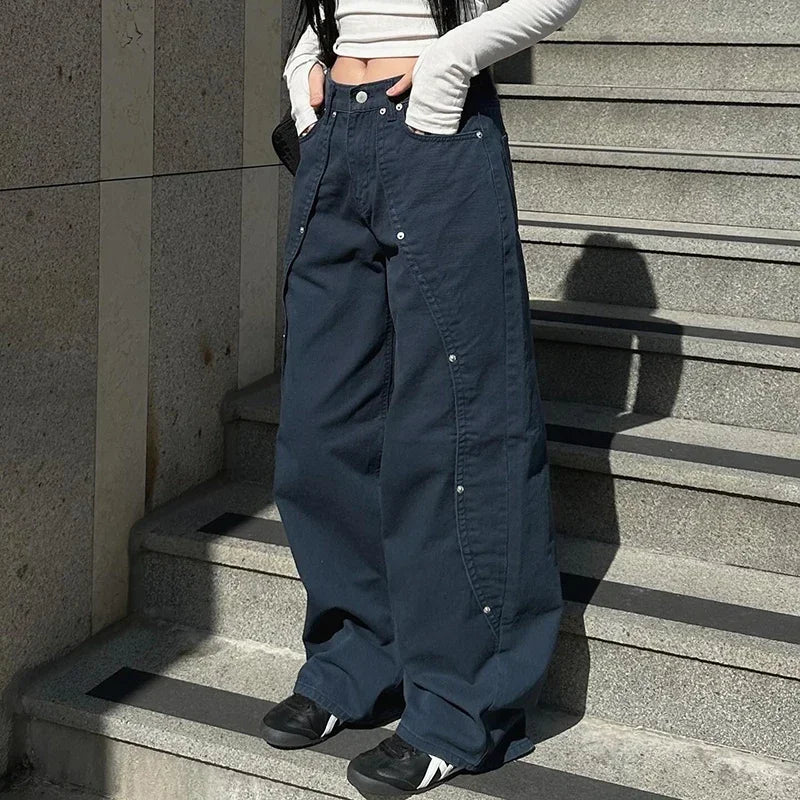 Korean Women Patchwork Baggy Jeans High Street Y2K Casual Grunge Cargo