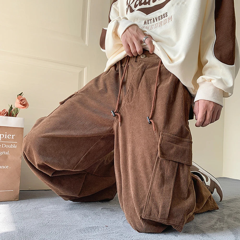 Men's Brown Y2K Baggy Japan Pants Oversized Corduroy Loose Wide Leg