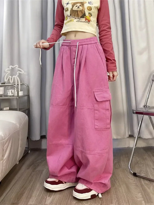 2024 Korean Y2K Fashion Drawstring Casual Baggy Cargo Jeans Pants