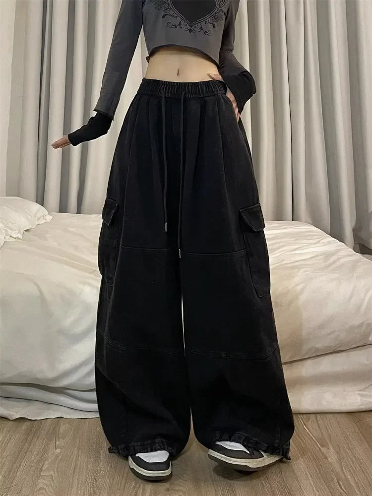 2024 Korean Y2K Fashion Drawstring Casual Baggy Cargo Jeans Pants