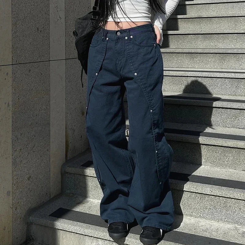 Korean Women Patchwork Baggy Jeans High Street Y2K Casual Grunge Cargo