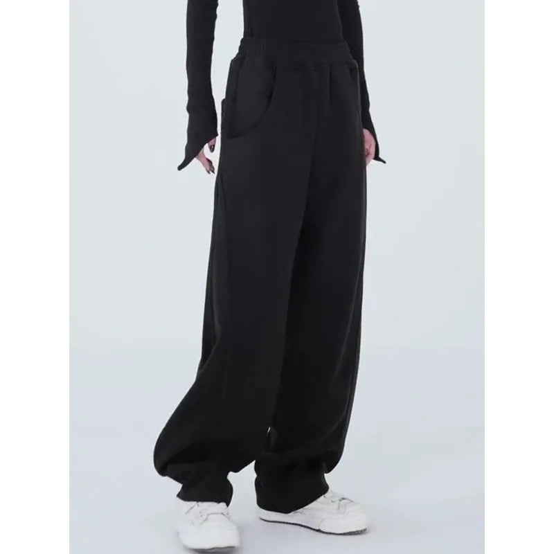 Deeptown Black Basic Women's Sweatpants Oversized Jogging Korean