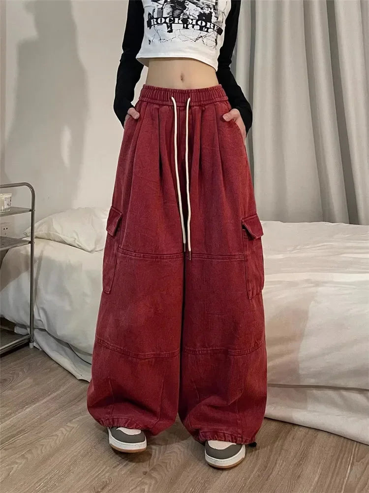 2024 Korean Y2K Fashion Drawstring Casual Baggy Cargo Jeans Pants