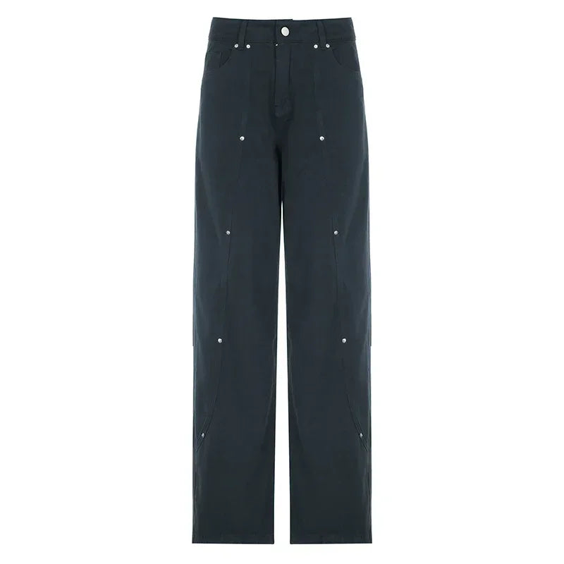 Korean Women Patchwork Baggy Jeans High Street Y2K Casual Grunge Cargo