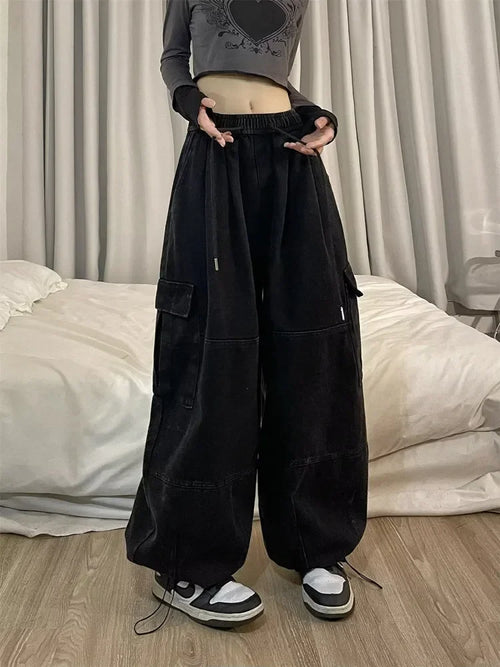2024 Korean Y2K Fashion Drawstring Casual Baggy Cargo Jeans Pants