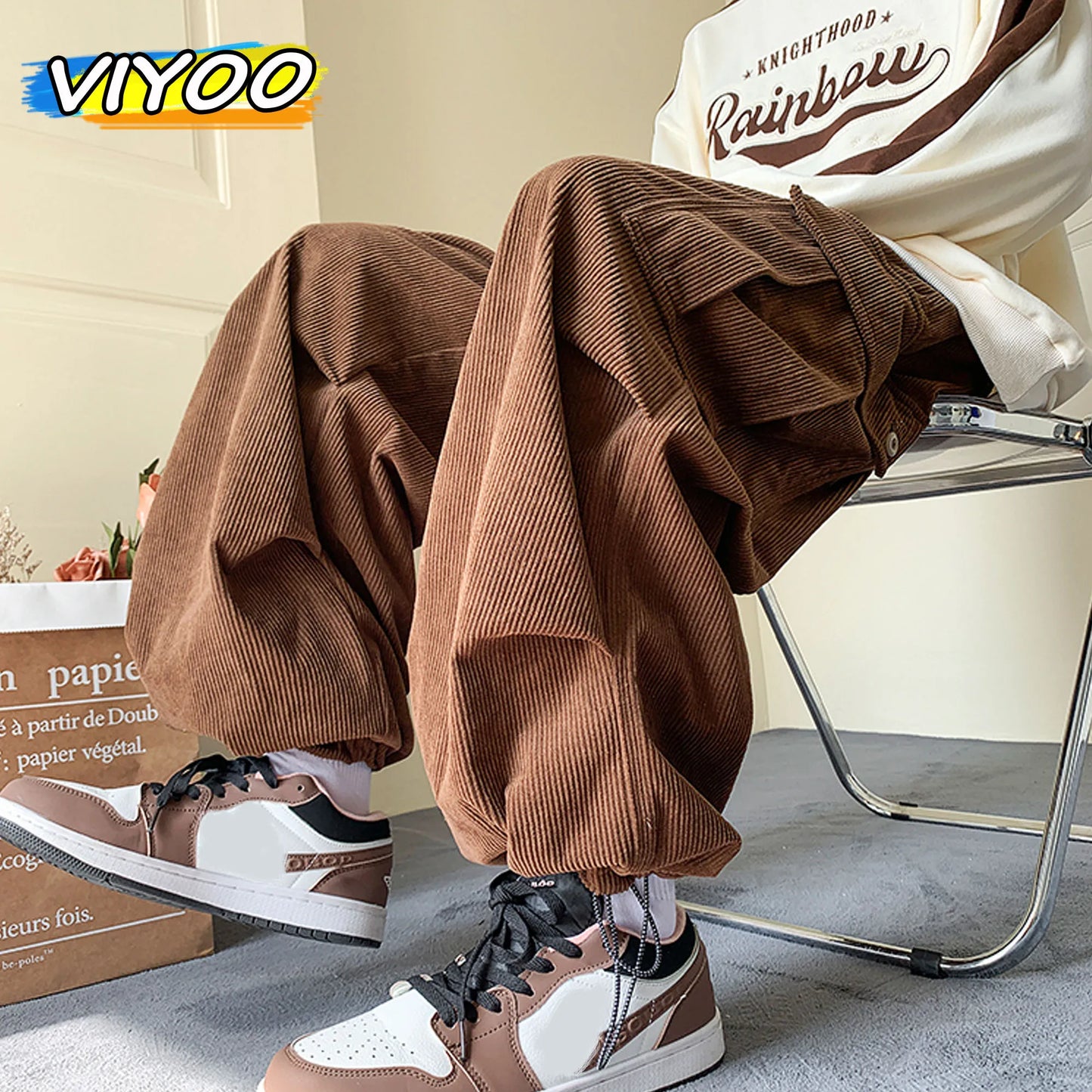 Men's Brown Y2K Baggy Japan Pants Oversized Corduroy Loose Wide Leg