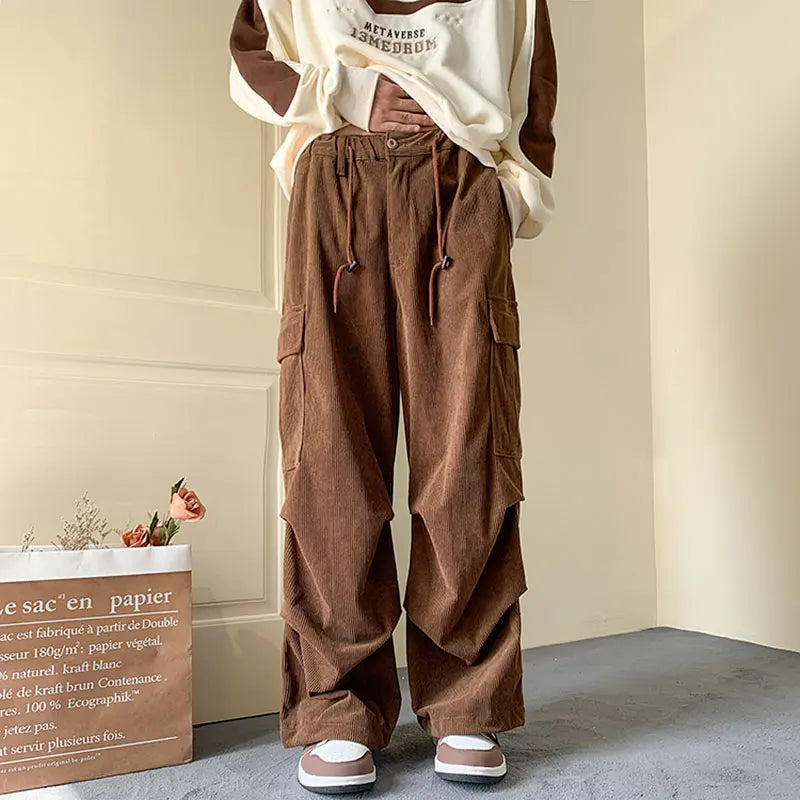 Men's Brown Y2K Baggy Japan Pants Oversized Corduroy Loose Wide Leg