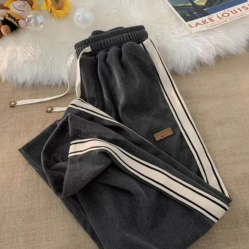 2024 Corduroy Striped Sweatpants Women Streetwear Thick Wide Leg Pants