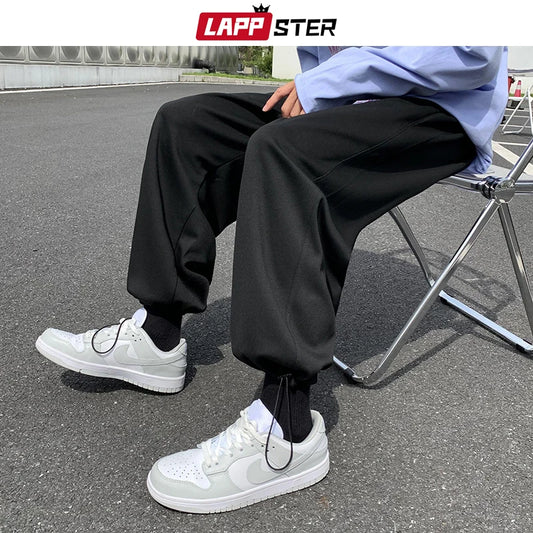LAPPSTER Men Japanese Streetwear Solid Baggy Joggers Pants 2020 Man