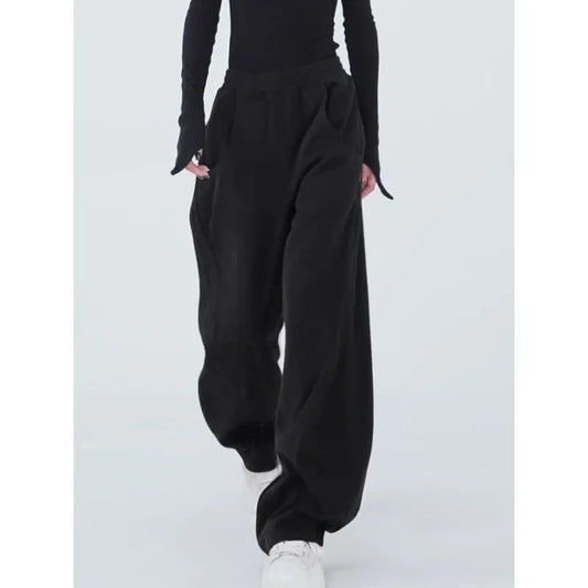 Deeptown Black Basic Women's Sweatpants Oversized Jogging Korean