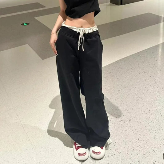 Deeptown Black Lace Women Casual Pants High Waist Baggy Sweatpants