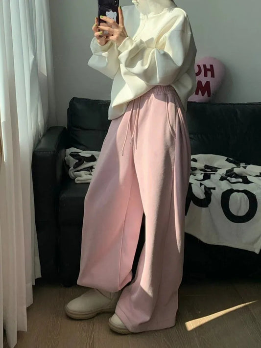 HOUZHOU Y2k Vintage Baggy Warm Sweatpants Pink Thick Korean Fashion
