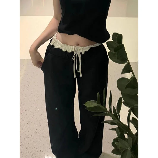 Deeptown Black Lace Women Casual Pants High Waist Baggy Sweatpants