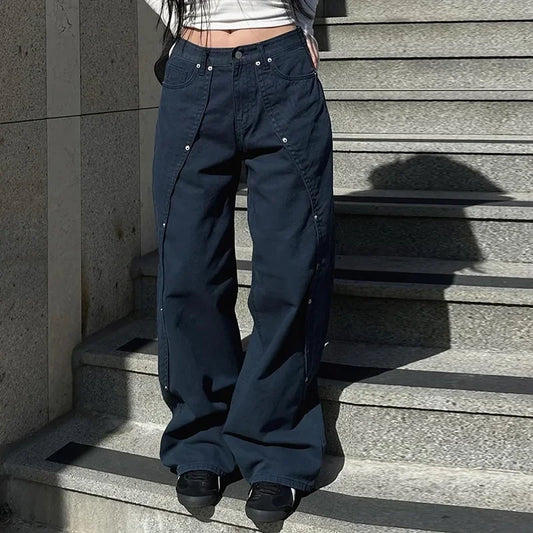 Korean Women Patchwork Baggy Jeans High Street Y2K Casual Grunge Cargo