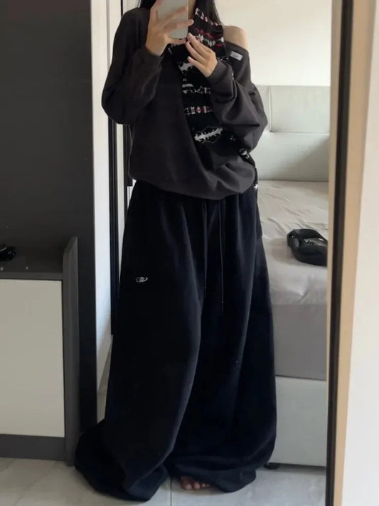 HOUZHOU Vintage Black Baggy Sweatpants Oversize Woman Korean Style