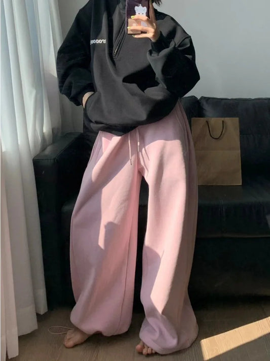 HOUZHOU Y2k Vintage Baggy Warm Sweatpants Pink Thick Korean Fashion