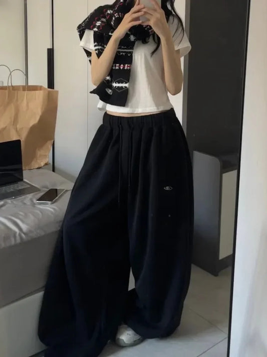 HOUZHOU Vintage Black Baggy Sweatpants Oversize Woman Korean Style