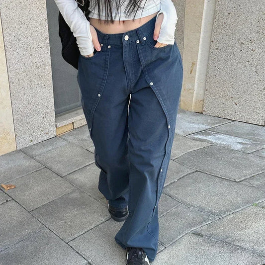 Korean Women Patchwork Baggy Jeans High Street Y2K Casual Grunge Cargo