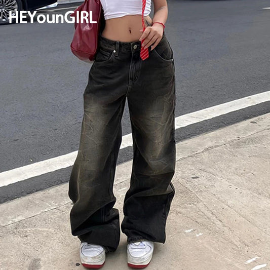 HEYounGIRL Y2K Street Baggy Jeans American Retro Fashion Loose Denim