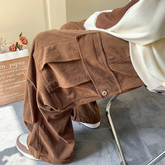 Men's Brown Y2K Baggy Japan Pants Oversized Corduroy Loose Wide Leg