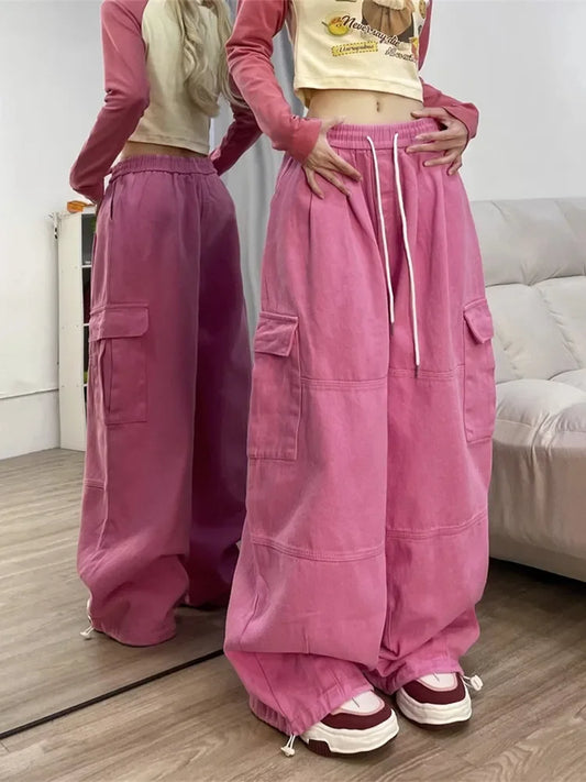 2024 Korean Y2K Fashion Drawstring Casual Baggy Cargo Jeans Pants