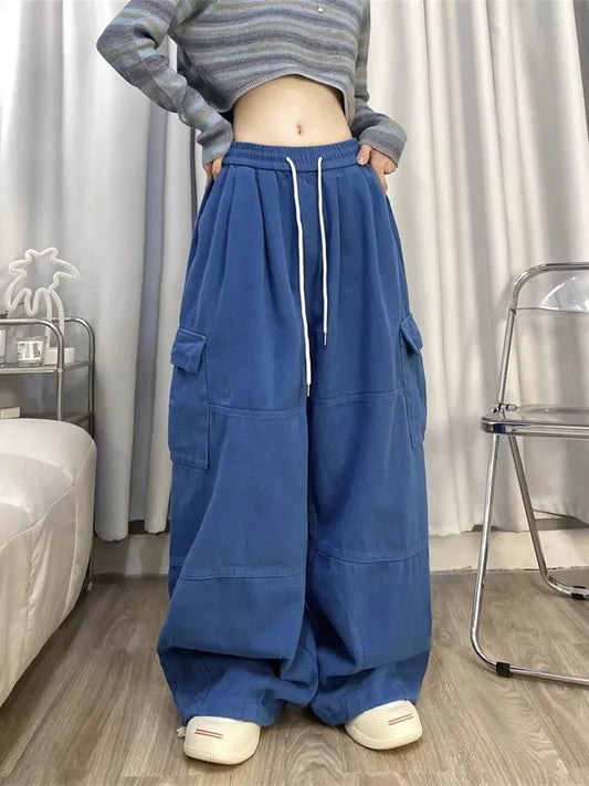 2024 Korean Y2K Fashion Drawstring Casual Baggy Cargo Jeans Pants