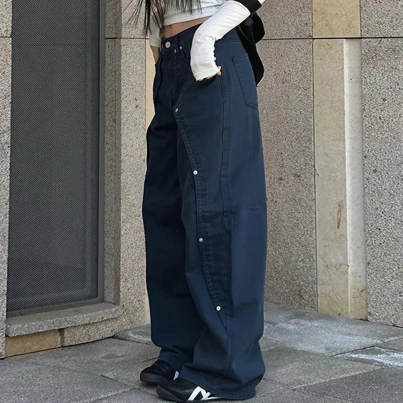 Korean Women Patchwork Baggy Jeans High Street Y2K Casual Grunge Cargo